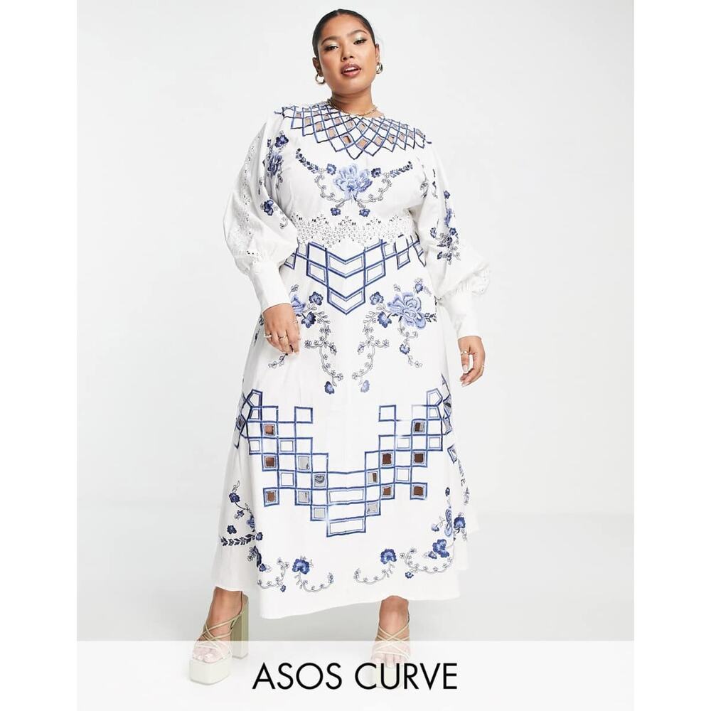 ASOS Embroidered Midi Dress With Cutwork and Lace Trim in Blue/White - US 14 - Picture 3 of 8